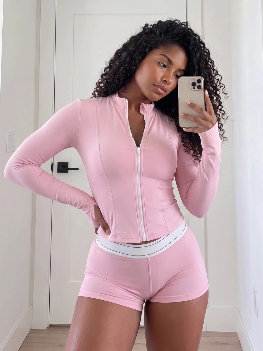 SHEIN Core Rhythm Women's Solid Color Zipper Front Sports Jacket - Baby Pink - View 1