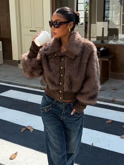 Muchica Women's New Autumn/Winter Brown Faux Fur Coat For Going Out, Streetwear, Y2K,Fall /Winter Clothes For Women