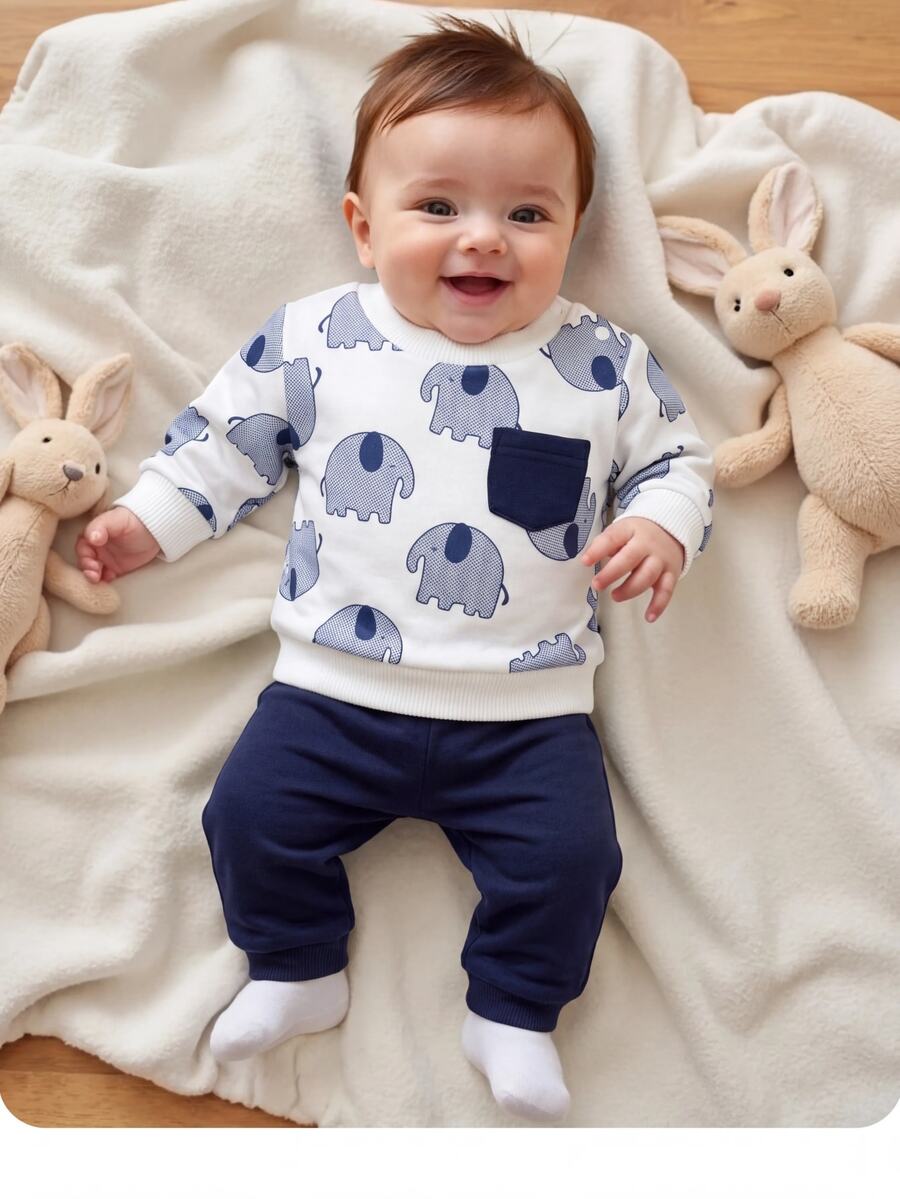 SHEIN Set Baju Sweatshirt dan Celana Panjang Pinggang Elastis untuk Bayi Laki-laki Baru Lahir yang Lucu dan Kasual dengan Motif Kartun - Biru - View 1