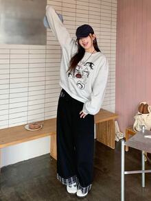 Betty Boop x DAZY Curve Cartoon Print Crew Neck Thermal Lined Thick Casual Loose Long Sleeve Sweatshirt For Spring Autumn Winter - Light Grey - View 6