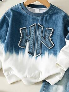 Tween Boys Sweatshirt Set Denim Effect Tie Dye Dark Blue Crew Neck Digital Print Long Sleeve Paired With Long Pants For School Active Autumn Winter - Multicolor - View 7