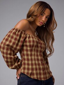 NYA SZN Autumn Fashion Plaid Shoulder Top - Red - View 5