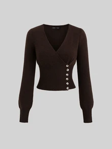 Sweetra Lazy Casual Ribbed Deep Coffee V-Neck Single-Breasted Sweater 2 Pieces Set - Coffee Brown - View 3