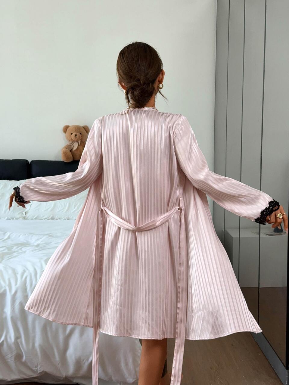 Women's Lace Trim Camisole Nightgown & Robe Pajama Set Fall