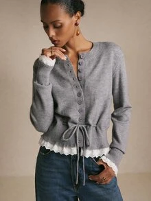 Poéselle Women's Heather Gray Soft Knit Cardigan, Button Front Crew Neck Drawstring Waist Long Sleeve Cozy Sweater, Coquette Fall Layering Top,French Elegant - Grey - View 5