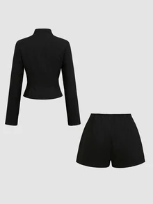 Sweetra Slim Fit Elegant Preppy Versatile Metal Button Napoleon Style Blazer And Shorts Set Office Black And Gold Summer - Black - View 2