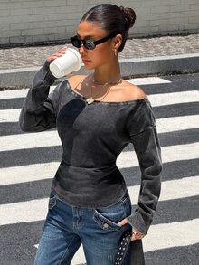 Muchica Off-White 針織露肩修身 T-shirt - 黑色 - 查看 4