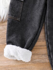 SHEIN 小男孩冬季保暖內裡彈性腰頭束口工裝牛仔長褲 - 彩色 - 查看 6