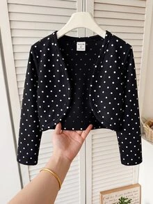 SHEIN 女童波點休閒西式百搭日常外出長袖秋季針織開襟衫冬季 - 黑色 - 查看 1