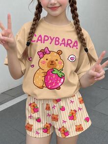 Tween女孩休閒極簡可愛亮面紋理水豚圖案，奶油粉色，短袖上衣與短褲2件套，適合夏季，圖案設計，日系可愛，女孩套裝，Y2K，舒適，開學季，度假 - 彩色 - 查看 2