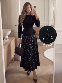 Modelyn 3D Floral Decor Half-High Neck Black Top With Asymmetrical   Polka Dot Two Piece Set  Saudi National Day  Renaissance Outfit Women Business Elegant - Black - View 4