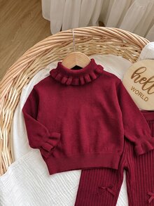 SHEIN 女嬰秋冬休閒純色高領毛衣與針織長褲套裝 - 酒紅色 - 查看 3