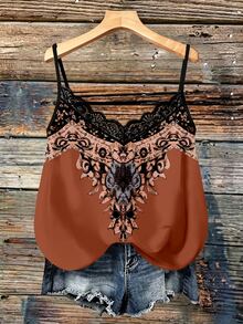 SHEIN VCAY Women's Brown Paisley Print Camisole With Lace Trim, Loose Fit, Perfect For Casual Vacation Wear, Suitable For Spring, Summer And Early Autumn. - Multicolor - View 1