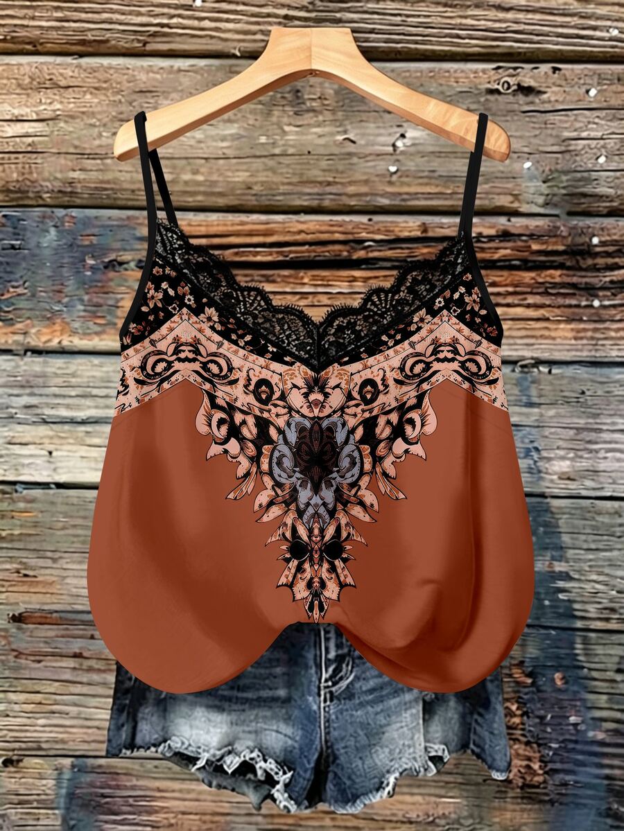 SHEIN VCAY Women's Brown Paisley Print Camisole With Lace Trim, Loose Fit, Perfect For Casual Vacation Wear, Suitable For Spring, Summer And Early Autumn. - Multicolor - View 1
