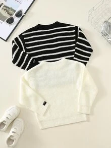 SHEIN 2件組返校季小男孩黑白條紋紋理寬鬆套頭毛衣，居家、疊穿、外出與學校穿搭的百搭多件套裝 - 黑與白 - 查看 2