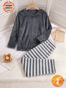 Teen Boy Solid Color Crew Neck Long Sleeve Top And Striped Long Pants Casual Everyday Outfit Autumn - Grey - View 5