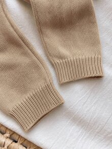 SHEIN 女嬰卡通熊圖案長袖單排扣針織連身衣 - 卡其色 - 查看 5