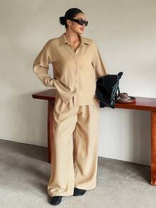 Dazy Plus Solid Color Casual Traditional Loose Long Sleeve Shirt And Wide Leg Pants 2 Pieces Set, Fun Commute Outfit Autumn Formal Vacation Beige - Khaki - View 2