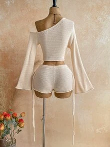 Soleia Women's Plus Size Apricot Asymmetric Shoulder Bell Sleeve Sweater And Knitted Shorts Set Fall - Apricot - View 2