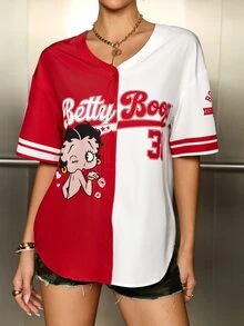 Betty Boop x SHEIN Women's Cartoon Print Colorblock Single-Breasted Shirt - Red and White - View 3