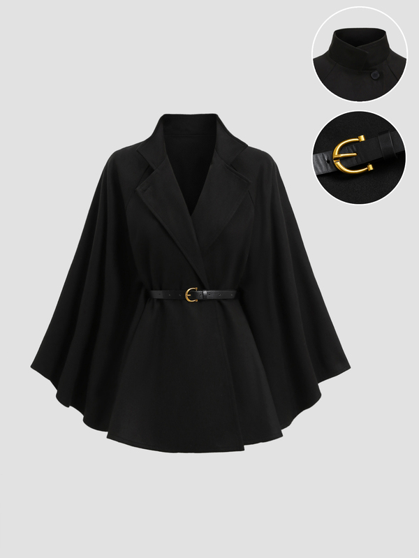 Sweetra Autumn/Winter New Elegant Stand Collar Batwing Sleeve Cinched Waist High-End Cape-Style Overcoat Women Slimming Versatile Black Shawl Woolen Overcoat