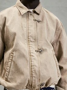 Musero Oversized Zip Through Collared Denim Jacket Clasp Clip Style Fastening Drop Shoulder Hidden Placket Jean Jacket Winter Essentials - Beige - View 6
