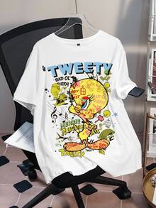 LOONEY TUNES X SHEIN 大尺碼夏季休閒卡通印花T恤 - 白色 - 查看 8