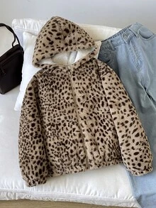 SHEIN 青少年女孩秋冬時尚豹紋人造毛連帽長袖外套，穿搭必備時尚單品 - 卡其色 - 查看 7