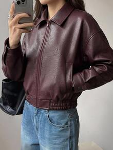 DAZY 青少年女孩純色PU皮革休閒百搭日常長袖夾克 秋季 - 酒紅色 - 查看 4