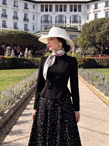 Modelyn 3D Floral Decor Half-High Neck Black Top With Asymmetrical   Polka Dot Two Piece Set  Saudi National Day  Renaissance Outfit Women Business Elegant - Black - View 9