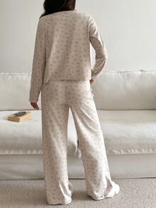 DAZY Women's Floral Lace Patchwork Camisole & Long Pants & Long Sleeve Top Pajama Set - Beige - View 2