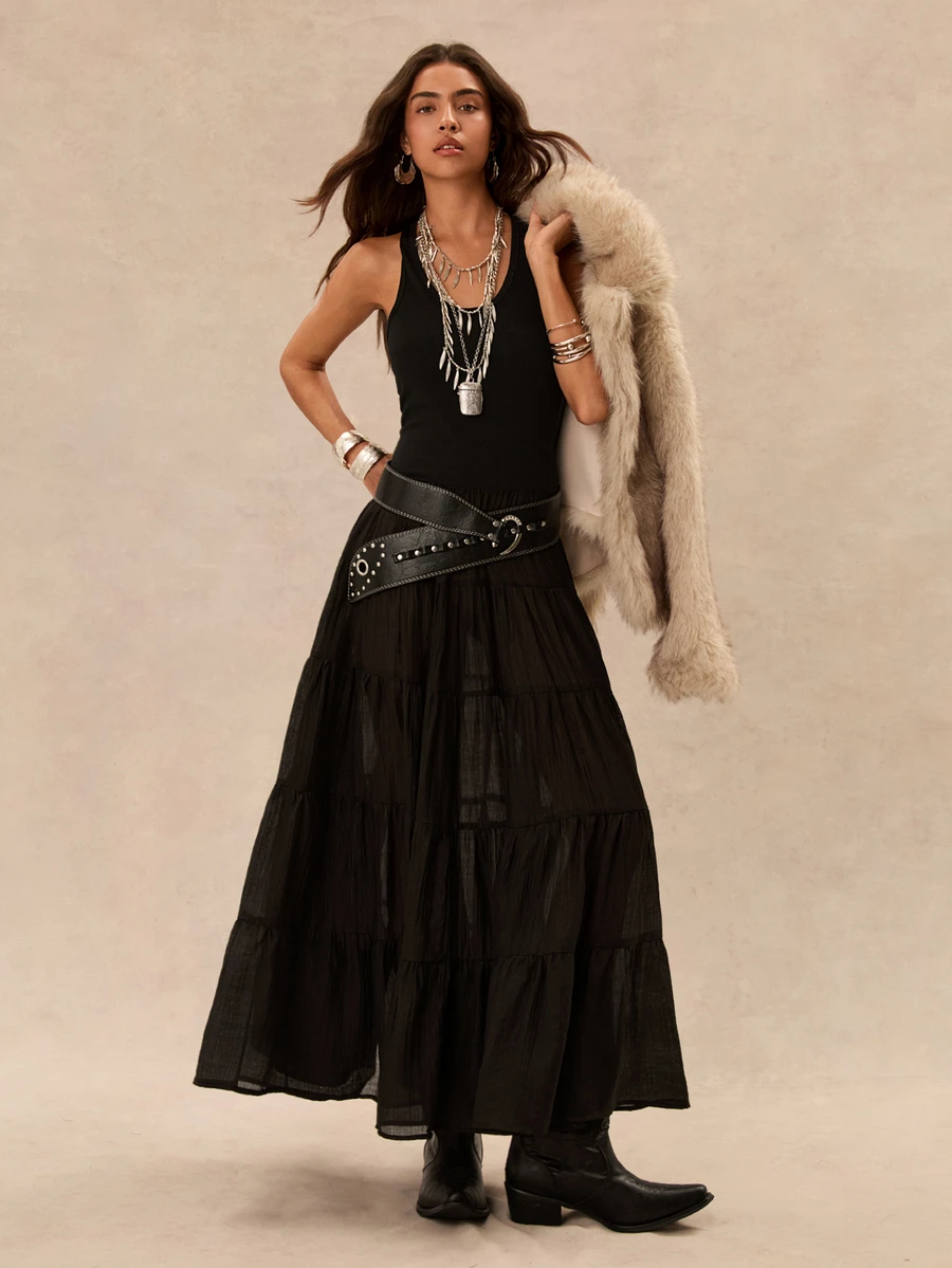 Easelle Vintage Boho Casual Bohemian Waist-Cinched Patchwork Women's Dress Vacation Concert Black Summer - Black - View 1