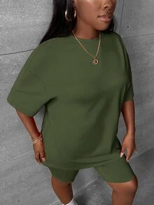 Slaydiva Women's Solid Color Crew Neck Drop Shoulder Sleeve T-Shirt And Shorts Casual Set - Army Green - View 3