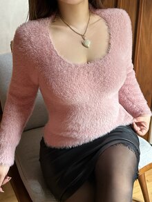 Dazy Plus Sweater Pullover Pendek Rajut Panjang Berwarna Pink, Lembut dan Pas Badan, Lapisan Dasar Serbaguna untuk Musim Gugur/Dingin - Berwarna merah muda - View 4