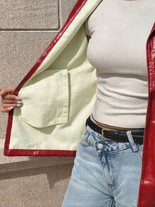 SHEIN Unity جاكيت نسائي بلون موحد بأكمام طويلة وسحاب أمامي من مادة البولي يوريثان بقصة عادية - الأحمر - مشاهدة 6