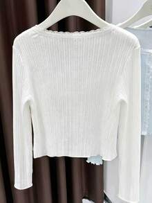 Franclia Vacation Style French Lace Trim Asymmetrical Button Knit Cover Up Women's Thin Short Cover-Up Brunch Birthday White Fall Elegant L'amoure - White - View 2