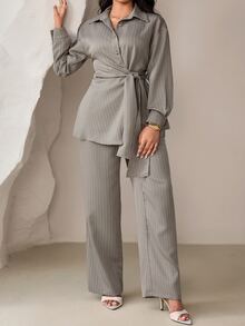 Veilorie Plus Size Elegant Commute Striped Tie Waist Blouse And Pants 2 Pieces Set - Khaki - View 6