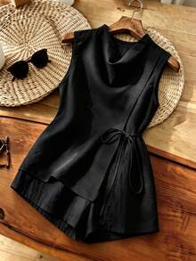 Franclia Women's Solid Color Sleeveless Tie-Front Wrap Romper - Black - View 1