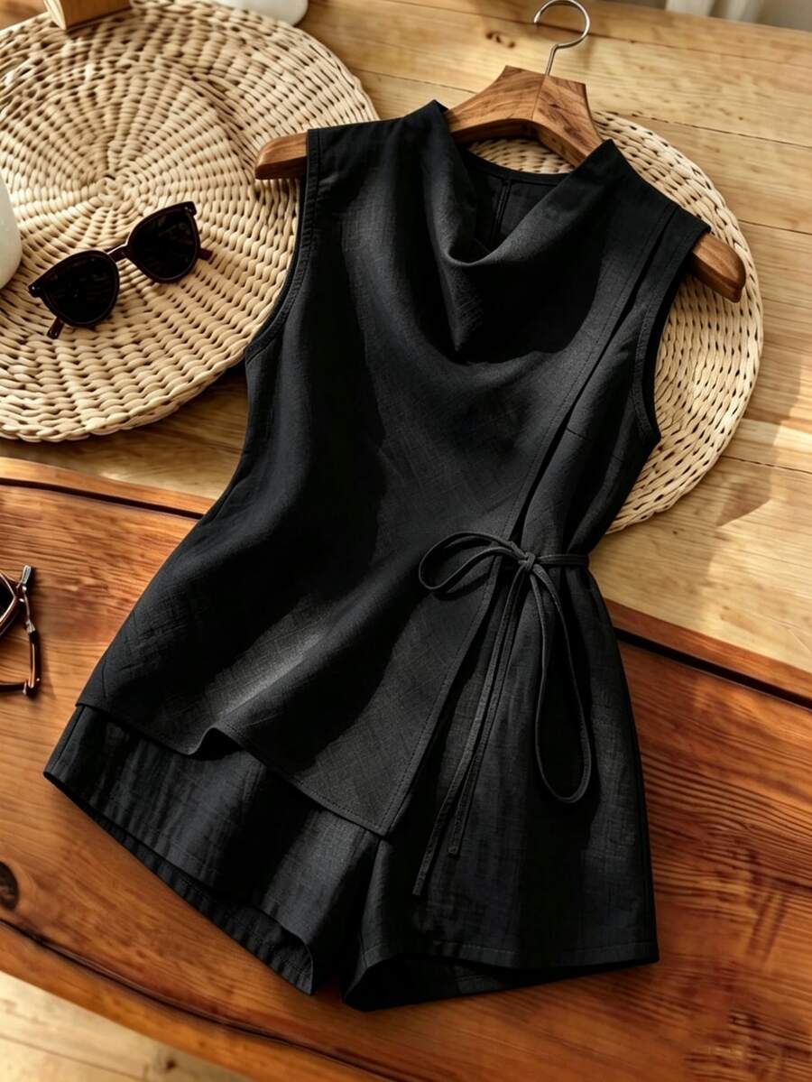 Franclia Women's Solid Color Sleeveless Tie-Front Wrap Romper - Black - View 1