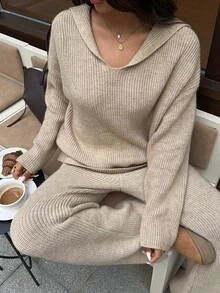 Autumina Women's Autumn/Winter Casual Hooded Loose Fit Versatile Pique Knit Top & Drawstring Pants 2 Pieces Set - Camel - View 5