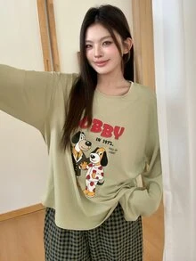 Dazy Plus 2pcs Cute Puppy Print Loose Long Sleeve T-Shirt & Plaid Straight Leg Long Pajama Pants Set, Spring/Autumn Sleepwear Outfit - Green - View 6