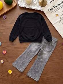 Young Girls Sweatshirt Set, Sweet & Cool Leopard Print Bowknot Outfit, Loose Print Sweatshirt Paired With Flared Pants, & Unique, Versatile 2 Pieces Set For Autumn Outings - Multicolor - View 2