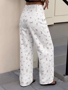 SHEIN Tall 女款時尚花卉印花鈕扣口袋牛仔褲 - 彩色 - 查看 4