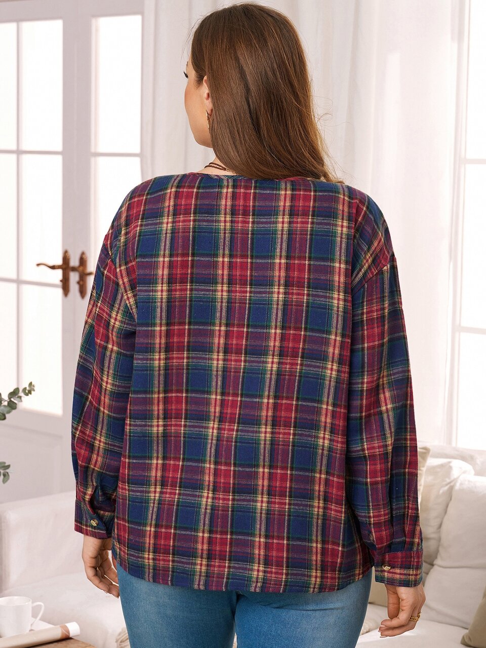 Women's Plus Size V-Neck Plaid Long Sleeve Shirt Fall Clothes For Women  Fall Winter 2026 Classic Plaid Shirts For Fall And Winter