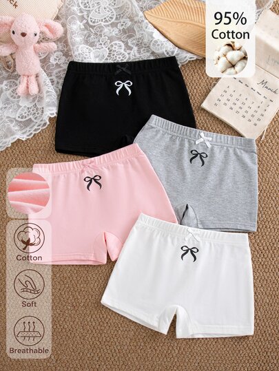 SHEIN Girls' Simple Bow Print Sweet Cute Multi-Color Pink White Gray Black Comfortable Cotton Soft 4-Piece Set Four-Corner Panties