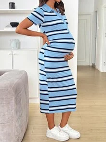 MaterniWear Summer Casual Striped Fitted Maternity Dress - Blue - View 6