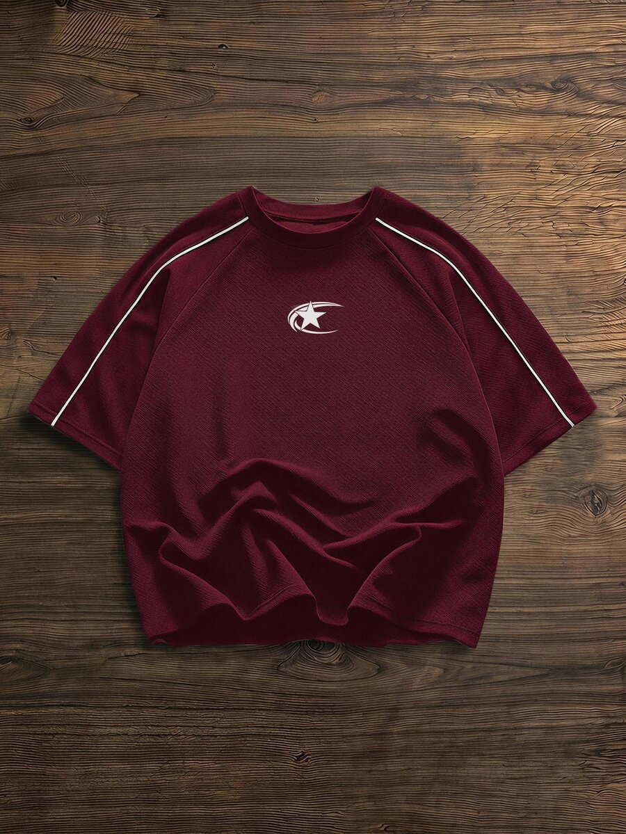SWAVVY Casual Star Print Short Sleeve Men's T-Shirt - Burgundy - View 1