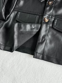 SHEIN Vintaside Kids 女嬰春秋短款黑色PU皮革夾克與白色提花肩帶洋裝2件套，優雅時尚，適合室內/戶外拍照及其他場合 - 黑與白 - 查看 7