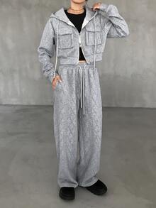 FRIFUL Damen 2er Set Reißverschluss Langarm Kapuzenpullover und Hose mit Kordelzug Taille und Taschen - Grau - Übersicht 1