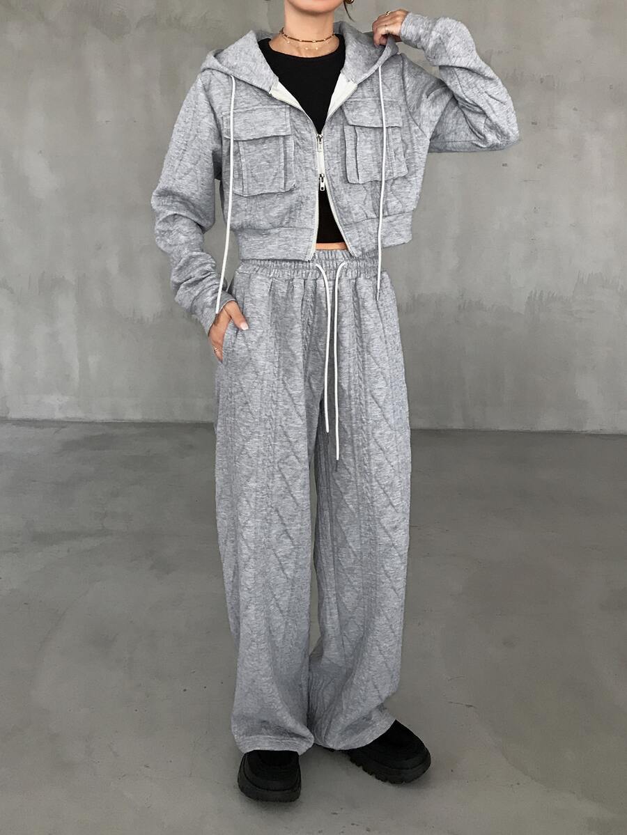 FRIFUL Damen 2er Set Reißverschluss Langarm Kapuzenpullover und Hose mit Kordelzug Taille und Taschen - Grau - Übersicht 1